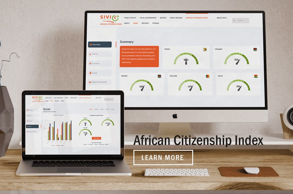 A macbook pro and an imac pro on a table showing African Citizenship Index web pages. Words saying learn more are on the picture